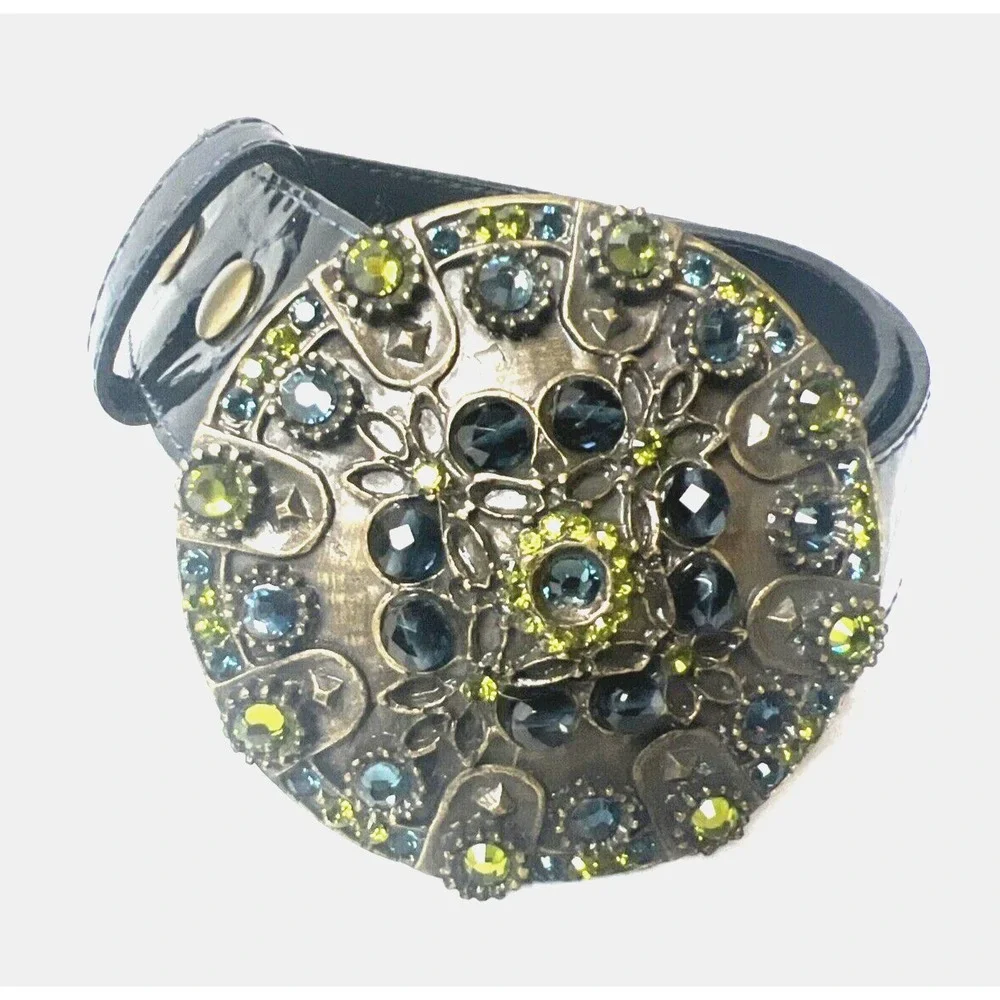 Womens Belt Black Patten Leather‎ 35Blue Rhinestone Buckle Fashion Boho Jana Kos